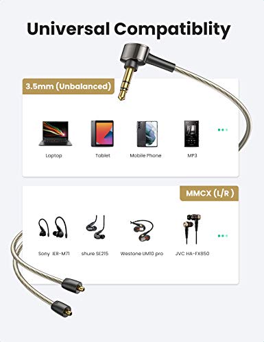 UGREEN MMCX Cable 8 Core 3.5mm to Dual MMCX Audio Cable, Silver Plated Earphone Replacement Cable HiFi Sound Audio Jack Compatible with Shure SE215 SE315 TIN Audio T2 T3, 4FT (MMCX 3.5mm)