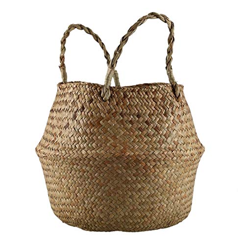 Woven Basket Seagrass Wickerwork Basket Rattan Foldable Hanging Flower Pot Planter (Color : Nature, Size : M)