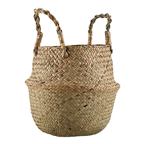 Woven Basket Seagrass Wickerwork Basket Rattan Foldable Hanging Flower Pot Planter (Color : Nature, Size : M)