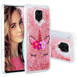 oopkins glitter liquid case for redmi note 9 pro sparkle floating shiny quicksand clear soft tpu silicone shockproof protective bumper thin cover for redmi note 9s bling eyelash unicorn xy