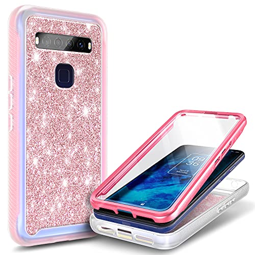 NZND Case for TCL 10 5G UW (Verizon) with Built-in Screen Protector, Full-Body Protective Shockproof Matte Rugged Bumper Cover, Impact Resist Durable Phone Case (Glitter Rose Gold)