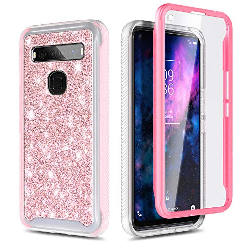 NZND Case for TCL 10 5G UW (Verizon) with Built-in Screen Protector, Full-Body Protective Shockproof Matte Rugged Bumper Cover, Impact Resist Durable Phone Case (Glitter Rose Gold)