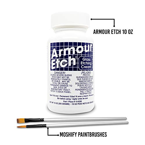 Armour Etch Glass Etching Cream Kit - Create Permanently Etched Designs - 10oz Net Weight - Bundled with Moshify Application Brushes