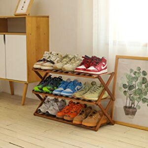 PENGKE 3 Tier Shoe Rack,Multi Tier Foldable Bamboo Shoe Organizer Rack Multifunctional Storage Free Standing Shoe Shelf