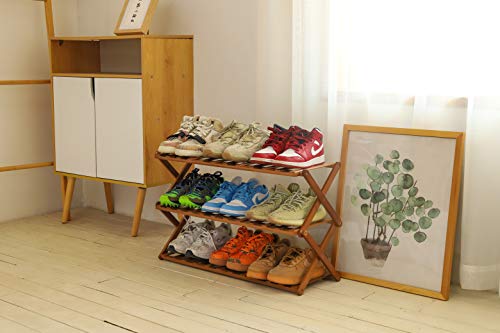 PENGKE 3 Tier Shoe Rack,Multi Tier Foldable Bamboo Shoe Organizer Rack Multifunctional Storage Free Standing Shoe Shelf