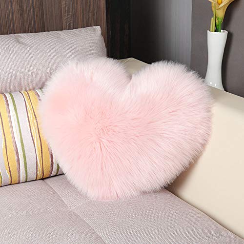 XSlive Fluffy Faux Fur Throw Pillow with Insert Heart Shape Long Plush Luxury Decorative Throw Cushion for Sofa Bedroom Living Room (Pink,14" x 18")