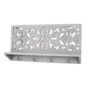 american art decor hand-carved wooden shelf and coat rack, antique floral wall decor – dove grey (12”x24”x4.5)