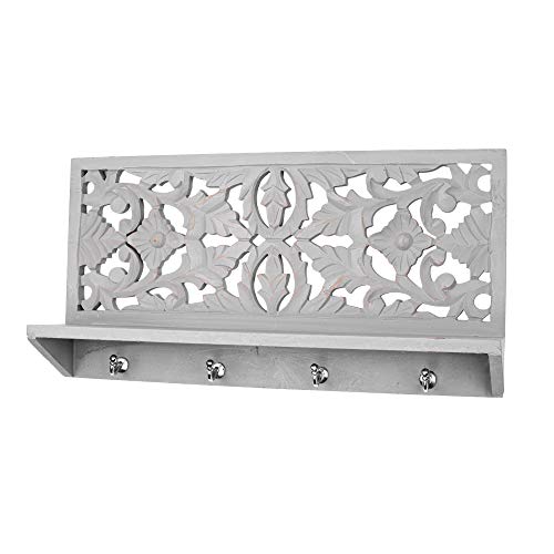 American Art Decor Hand-Carved Wooden Shelf and Coat Rack, Antique Floral Wall Decor – Dove Grey (12”x24”x4.5)