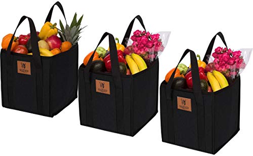 Tuff Viking Large Reusable Grocery Shopping Bags, Long Handles, Durable, Collapsible and Insulated Cooler Bag (Black, Pack of 3 Totes)