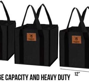 Tuff Viking Large Reusable Grocery Shopping Bags, Long Handles, Durable, Collapsible and Insulated Cooler Bag (Black, Pack of 3 Totes)