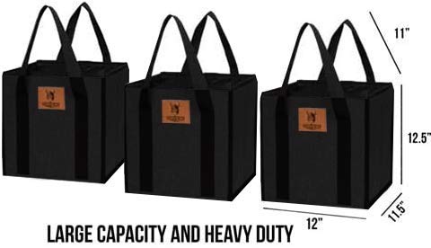 Tuff Viking Large Reusable Grocery Shopping Bags, Long Handles, Durable, Collapsible and Insulated Cooler Bag (Black, Pack of 3 Totes)