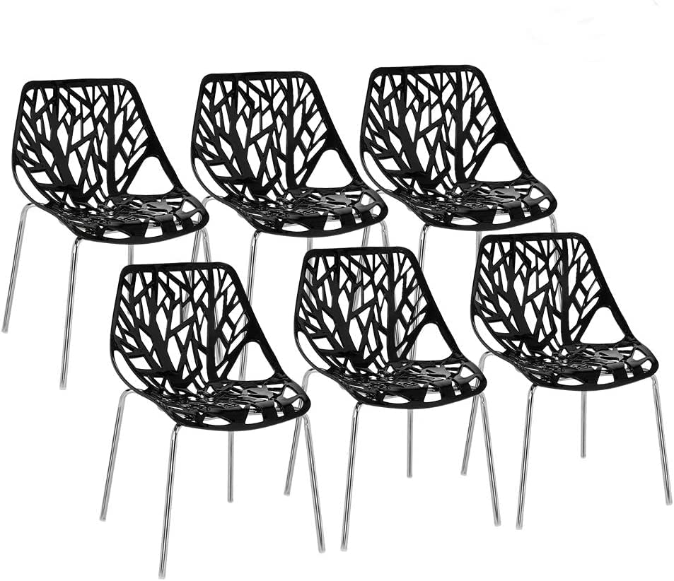 Bonnlo Modern Black Dining Chairs Set of 6,Plastic Saping Birch Chairs,Stackable Dining Chairs Set for Living Room/Kitchen/Office (6, Black)