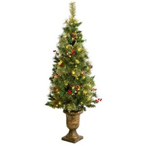 asteroutdoor pre-lit christmas tree 4ft artificial potted fir with lights holly berries pine cones stands for indoor porch table, xmas holiday decoration, easy assembly