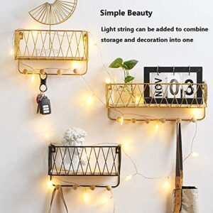 DoxiGlobal Wall Mount Mail Holder Entryway Storage Organizer with Shelf Wood Key Hooks Metal Mail Sorter Coat Rack Wire Mesh Storage Basket for Magazines Keys Wallets Leashes Plant (Gold, S-4 Hooks)