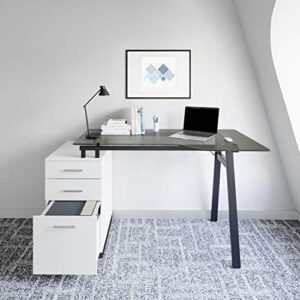 techni mobili modern smoke tempered glass top & storage home office computer writing desk workstation with two cupholders and a headphone hook-pine, 59.5" d x 29.25" w x 29.5" h, white