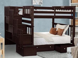 bedz king tall stairway bunk beds twin over twin with 4 drawers in the steps and 2 under bed drawers, dark cherry
