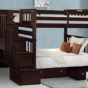 Bedz King Tall Stairway Bunk Beds Twin over Twin with 4 Drawers in the Steps and 2 Under Bed Drawers, Dark Cherry