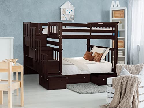 Bedz King Tall Stairway Bunk Beds Twin over Twin with 4 Drawers in the Steps and 2 Under Bed Drawers, Dark Cherry