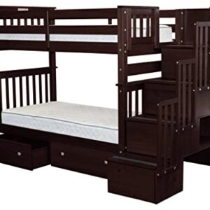 Bedz King Tall Stairway Bunk Beds Twin over Twin with 4 Drawers in the Steps and 2 Under Bed Drawers, Dark Cherry