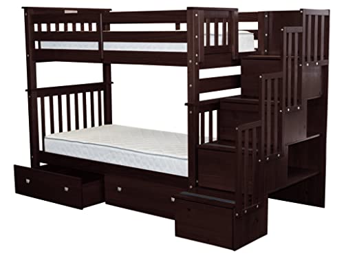 Bedz King Tall Stairway Bunk Beds Twin over Twin with 4 Drawers in the Steps and 2 Under Bed Drawers, Dark Cherry