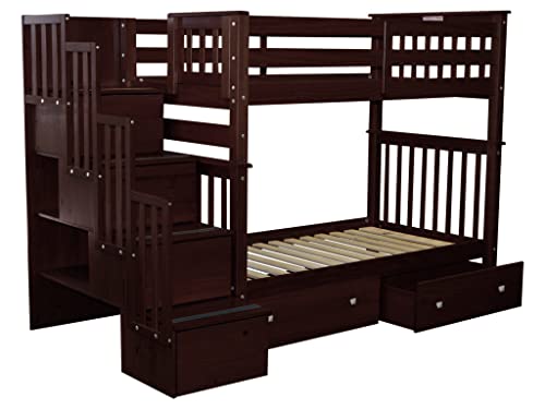 Bedz King Tall Stairway Bunk Beds Twin over Twin with 4 Drawers in the Steps and 2 Under Bed Drawers, Dark Cherry