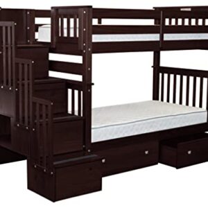 Bedz King Tall Stairway Bunk Beds Twin over Twin with 4 Drawers in the Steps and 2 Under Bed Drawers, Dark Cherry