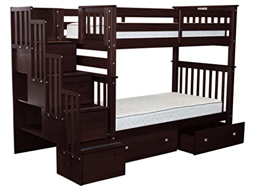 Bedz King Tall Stairway Bunk Beds Twin over Twin with 4 Drawers in the Steps and 2 Under Bed Drawers, Dark Cherry