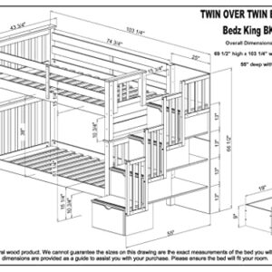 Bedz King Tall Stairway Bunk Beds Twin over Twin with 4 Drawers in the Steps and 2 Under Bed Drawers, Dark Cherry