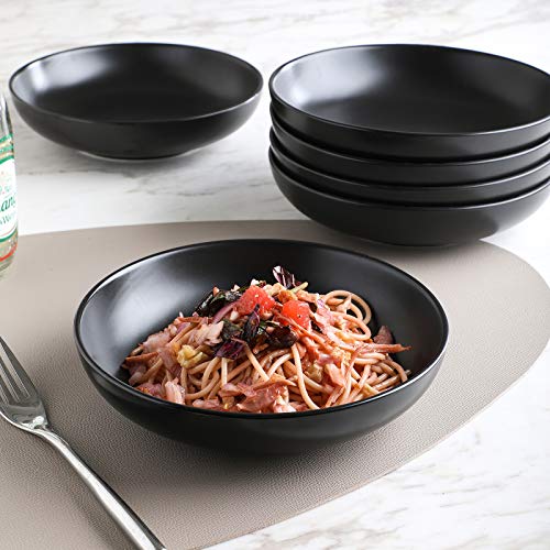 Selamica Ceramic 7.8 inch pasta bowls, 26 Ounce large serving porcelain salad soup bowls, dishwasher microwave safe, set of 6 (Black)