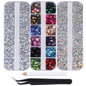 massive beads 9500+ flatback round glass hotfix iron on rhinestones gemstone for diy making w/ 1 tweezer & 1 picking pen for shoes, clothes, bags, manicure (12-colors, crystal, crystal ab, 5&6 sizes)
