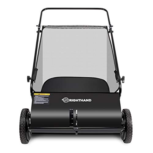 Right Hand 26-Inch Push Lawn Sweeper, Strong Rubber Wheels & Heavy Duty Durable Steel Structure Sweeps Leaf Grass & More, 7ft Mesh Collection Bag, 4 Spinning Brushes