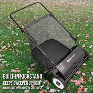 Right Hand 26-Inch Push Lawn Sweeper, Strong Rubber Wheels & Heavy Duty Durable Steel Structure Sweeps Leaf Grass & More, 7ft Mesh Collection Bag, 4 Spinning Brushes