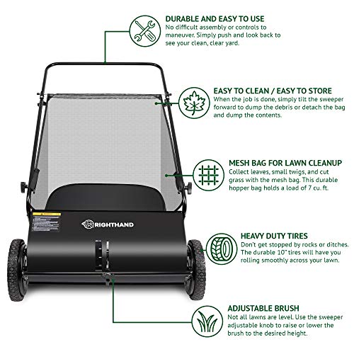 Right Hand 26-Inch Push Lawn Sweeper, Strong Rubber Wheels & Heavy Duty Durable Steel Structure Sweeps Leaf Grass & More, 7ft Mesh Collection Bag, 4 Spinning Brushes