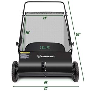 Right Hand 26-Inch Push Lawn Sweeper, Strong Rubber Wheels & Heavy Duty Durable Steel Structure Sweeps Leaf Grass & More, 7ft Mesh Collection Bag, 4 Spinning Brushes