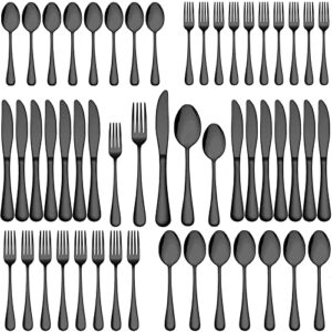 wildone 60-piece black silverware set, stainless steel flatware cutlery set service for 12, tableware eating utensils include knives/forks/spoons, mirror polished, dishwasher safe