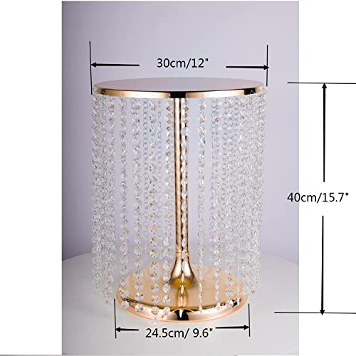 LANLONG Wedding Cake Stand for Dessert Table 12 Inch Gold Crystal Pendants Metal Cake Stand Serves as A Round Dessert Cupcake Display Plate 16 Inch Tall (Gold)