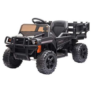 value box ride on truck with trailer, 2.4g remote control 12v battery electric kids toddler motorized vehicles toy car w/ 2 speed, music, seat belts, led lights and realistic horn (black)
