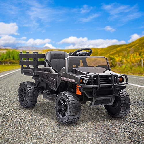 VALUE BOX Ride on Truck with Trailer, 2.4G Remote Control 12v Battery Electric Kids Toddler Motorized Vehicles Toy Car w/ 2 Speed, Music, seat Belts, LED Lights and Realistic Horn (Black)