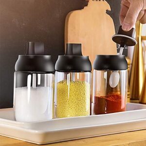 Kepfire Kitchen Seasoning Containers 3 Pack Glass Spice Jars Container Transparent Sealed Storage Seasoning Box Lid with Spoon Kitchen Bottles - Black