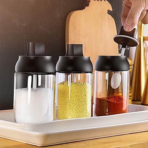 Kepfire Kitchen Seasoning Containers 3 Pack Glass Spice Jars Container Transparent Sealed Storage Seasoning Box Lid with Spoon Kitchen Bottles - Black