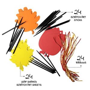 Neliblu Magic Fall Colors Scratch Fall Craft Art Set - Colorful Scratch Paper Autumn Leaves in Bright Fall Colors - Set of 24 Leaves, 24 Scratch Sticks and 24 Ribbons