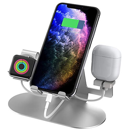 Aduro Trio Charge 3 in 1 Aluminum Charging Stand for Apple Phone, iPad, Apple Watch Series 4/3/2/1, & Airpods Charger Station Dock Silver