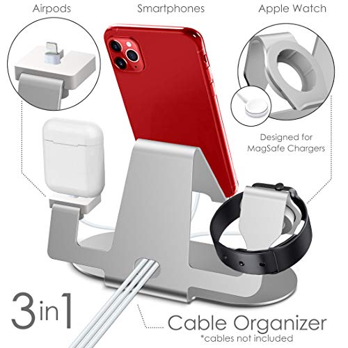 Aduro Trio Charge 3 in 1 Aluminum Charging Stand for Apple Phone, iPad, Apple Watch Series 4/3/2/1, & Airpods Charger Station Dock Silver