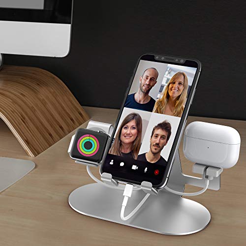 Aduro Trio Charge 3 in 1 Aluminum Charging Stand for Apple Phone, iPad, Apple Watch Series 4/3/2/1, & Airpods Charger Station Dock Silver