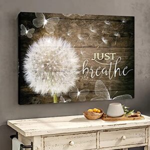 White Dandelion and Butterflies Just Breathe Quotes Poster Brown Rustic Wall Art Canvas Paintings Beautiful Decorative Home Decor Pictures Framed Country Wall Decor Prints for Bedroom Nursery 28"x40"