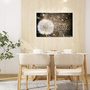 White Dandelion and Butterflies Just Breathe Quotes Poster Brown Rustic Wall Art Canvas Paintings Beautiful Decorative Home Decor Pictures Framed Country Wall Decor Prints for Bedroom Nursery 28"x40"