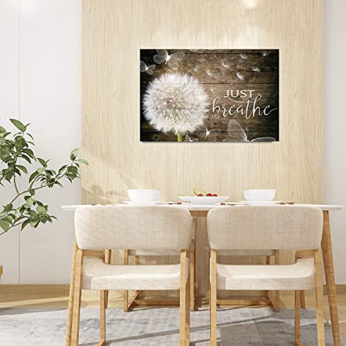 White Dandelion and Butterflies Just Breathe Quotes Poster Brown Rustic Wall Art Canvas Paintings Beautiful Decorative Home Decor Pictures Framed Country Wall Decor Prints for Bedroom Nursery 28"x40"