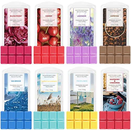 SCENTORINI Wax Melts, Scented Soy Wax Cubes for Wax Warmer, 8 x 2.5 oz, Sea Breeze, Linen, Winds in Summer, Espresso, Cherry, Raspberry & Cinnamon, Lavender, Blush Peony