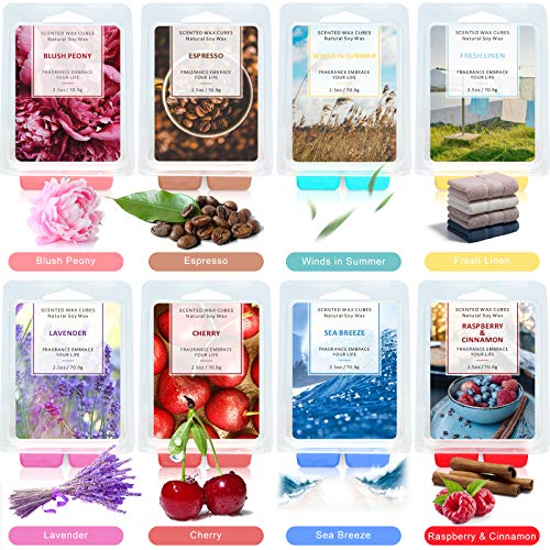 SCENTORINI Wax Melts, Scented Soy Wax Cubes for Wax Warmer, 8 x 2.5 oz, Sea Breeze, Linen, Winds in Summer, Espresso, Cherry, Raspberry & Cinnamon, Lavender, Blush Peony