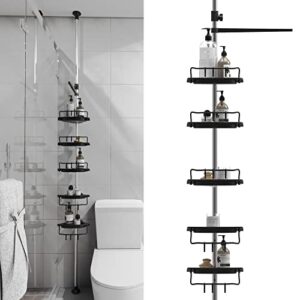 dyn ptah 6 tiers 95 to 116 inch rustproof shower caddy tension pole with 5 shelves + 1 tower rack, cornerstanding constant tension pole 304 stainless steel adjustable height storage organizer, black